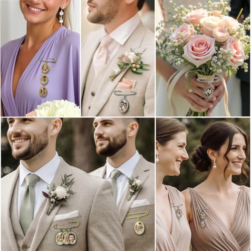 Wedding Bouquet Photo Charms Memorial Custom Boutonniere Bachelor Bridal - style: Oval - Rhinestone Frame Gold/ Silver & UV Photo