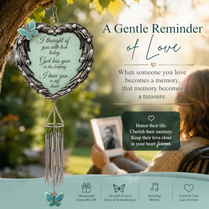 Memorial Wind Chimes Sympathy Gift for Loss of Loved One, Heart Angel Wings & Butterfly Design, “I Thought of You with Love Today” Remembrance Wind Chime, Bereavement Gift for Family or Friends, 23"