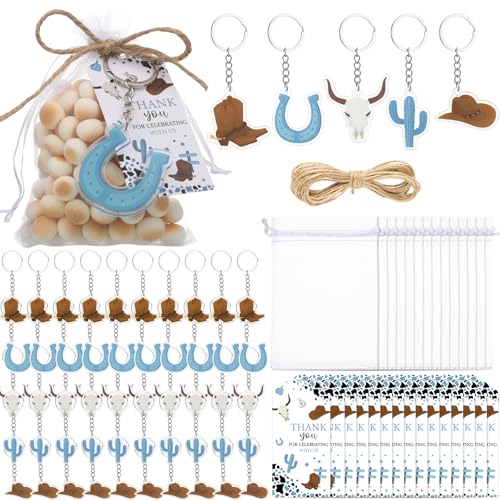 Equsion 50 Sets Western Cowboy Party Favors for Guests Cowboy Boot Hat Acrylic Keychain with White Organza Bags and Thank You Tags for Western Themed Birthday Baby Shower Party Supplies - style: Western Cowboy