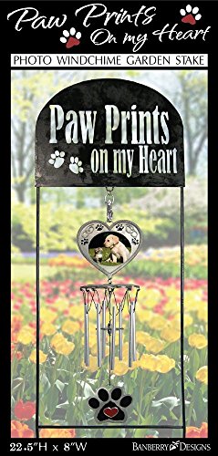 Pet Memorial Garden Stake with Wind Chimes & Photo Frame – Paw Prints on My Heart Pet Loss Gift for Dog or Cat Memorial – Black Wrought Iron Outdoor Grave Marker Sympathy Gift – 22.5"