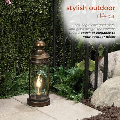Alpine Corporation ILT102HH-S-GD Gold Metal & Glass Lantern with Warm White LED Light, LED Patio Light, 17" H, Small, Gold - style: 19" H - Gold Metal and Glass w/ Light