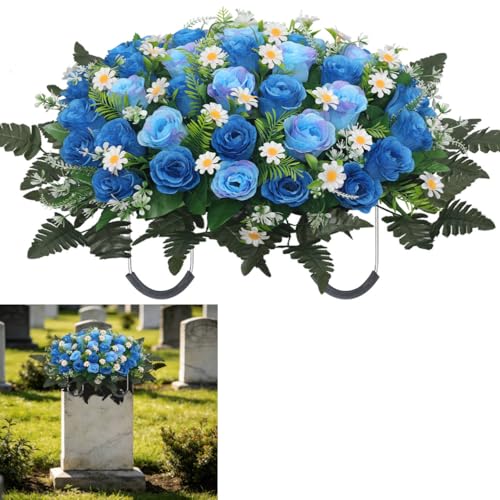 Wocst Headstone Flower Saddle,Large Artificial Cemetery Flowers for Grave Artificial Roses Daisy Saddle for Cemetery Headstone (Blue) - color: Blue