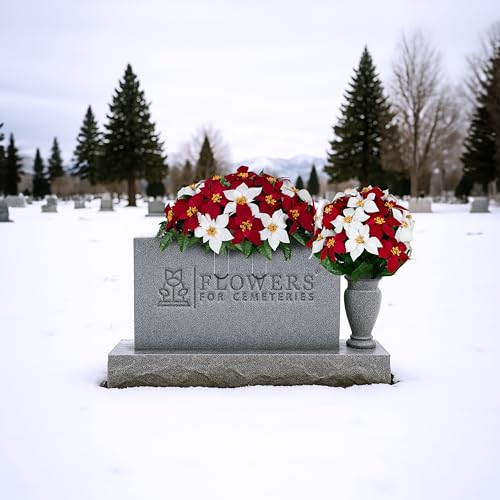 Artificial Cemetery Flowers - Gravesite Memorial Arrangment - Red & White Poinsettia - (1) Saddle (1) Bouquet - color: Red & White, size: (1) Saddle (1) Bouquet