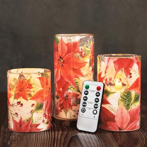 Crystal Club Red Poinsettia Christmas Flameless Candles with Remote - style: Poinsettia