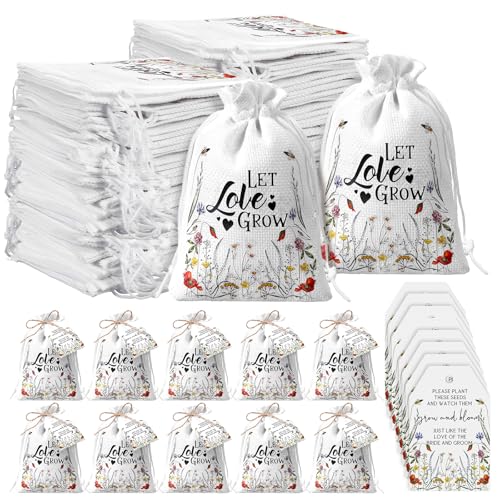 Fumete 50 Set Let Love Grow Wedding Favor Bags Thank You Tags, Wildflower | Burlap Pouches with Twine for Bridal Shower Souvenirs, Empty Packets No Seeds, Rustic Farmhouse Party Gift for Guest Bulk - style: Wildflower