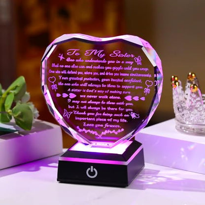 Arikyrist Sister Birthday Gifts from Sisters Brothers Crystal Heart Plaque | Adult Sister Gifts for Women, on Christmas Mothers Day Valentines Day, Sisters Keepsake, LED Light Base, Home Office - color: Sister