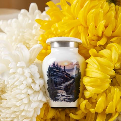 Mini Keepsake Urn for Human Ashes – Small Christian Cross Memorial Urn – Decorative Metal Funeral Keepsake for Family Remembrance