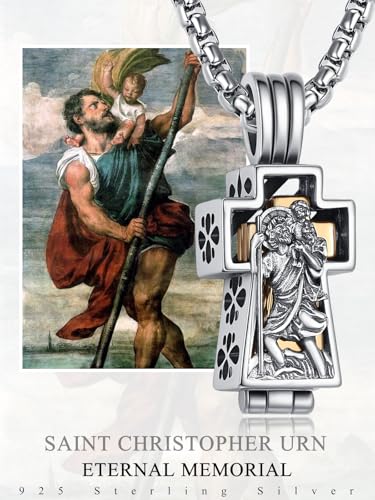 ADMETUS Patron Saint Cross Urn Necklace 925 Sterling Silver Cremation Jewelry for Ashes Memorial Gifts for Men with 2.5mm 22"+2" Rolo Chain - style: A20-Saint Christopher