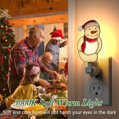 Stained Glass Christmas Snowmen Night Lights Plug in Wall for Home - color: White Snowmen