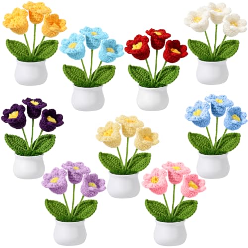 9 Pack Crochet Flower Bouquet Pot Bulk Thank You Gifts Handmade Knitted Flower Mini Floral Plant for Women Coworker Summer Wedding Home Table Car Decor(Lily of The Valley) - style: Lily of the Valley