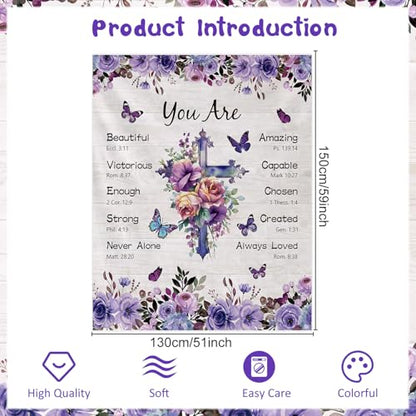 Wxiben Christian Blanket Gifts for Women - Religious Faith Bible Baptism Gift, Catholic Christmas Birthday Gifts for Mom Sister Friend, Purple Flower Cross Inspirational Soft Throw Blanket 59"X 51"