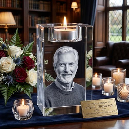 Memorial Photo Crystal Candle Holder – 3D Laser Engraved K9 Keepsake – in Memory of Parent, Spouse, Child, Pet – Custom Remembrance Crystal (Medium) - size: Medium