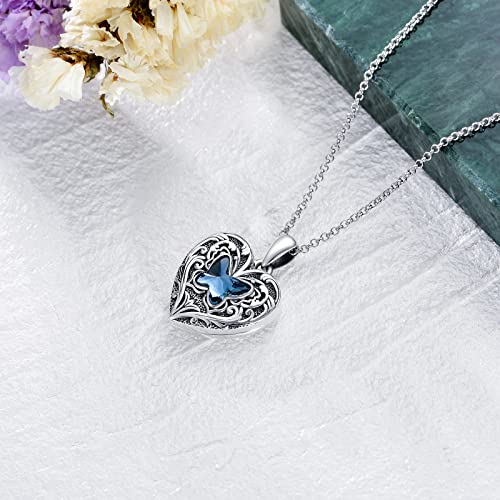 SOULMEET Personalized Butterfly Locket Necklace That Holds Up to 2 Pictures, Memorial Insects Silver Butterfly Photo Locket Custom Any Photo Healing Gift - color: G-Crystal Blue, style: Locket+Custom Photo+Engraved