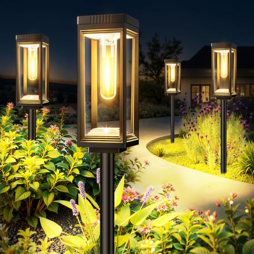 LETMY Solar Pathway Lights Outdoor, 4 Pack IP65 Waterproof Solar Path Lights with Auto On/Off, Bright Garden Lights for Landscape, Patio, Driveway & Yard - size: 4 PACK