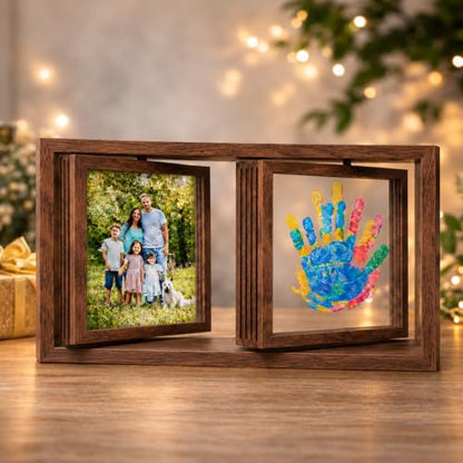 Family Handprint Frame Kit, Dual Rotating Photo & Handprint Display, DIY Keepsake Craft with Wooden Frame, Non-Toxic Paints, Baby Hand & Footprint Kit, Gift for Grandparents & New Parents (Brown) - color: Brown Frame, size: Dual Spin - Handprint & photo