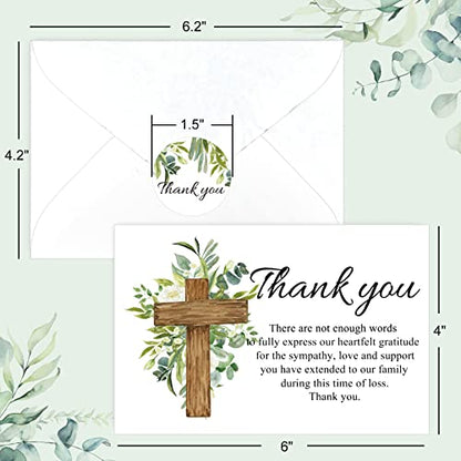 AnyDesign 48Pcs Funeral Thank You Cards Sympathy Thank You Cards with Stickers Envelopes Watercolor Greenery Cross Bereavement Card with Message for Memorial Service Loved Ones Celebration of Life