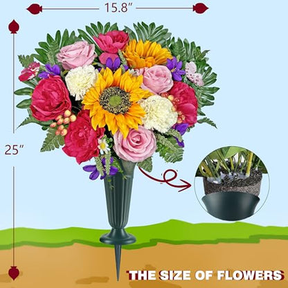 Artificial Cemetery Flowers for Grave Vase - Gravesite Flowers,Headstone Decorations with Sunflower Rose Hibiscus Daisy Mix Bouquet
