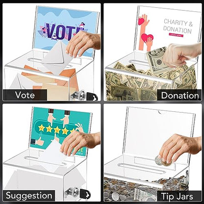 VOISEN Clear Donation Box with Lock,Ballot Box with Sign Holder,Suggestion Boxes for Fundraising, Tip Jar with Slot for School,Conference 6.2x4.6x3.9 Inch | Suggestion Box for Fundraising, Ballot Box with Slot for School, Donation, Bar, School Voting,Conf