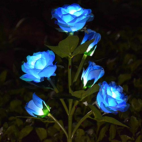 [Upgraded 6 Flowers]Solar Powered Decorative Rose Garden Stake Lights, Waterproof Realistic Artificial Flowers for Outdoor Flower Bed Patio Yard Pathway Memorial Cemetery Grave Decorations, Blue - color: Blue
