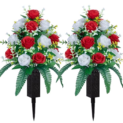 DONODA 2 Sets of Artificial Cemetery Flowers， Outdoor Grave Decorations Roses，Accompanied by 2 Long Nail Vases，Lasting and Non-Bleed Colors. (18 Heads (red+White)) - color: 18 Heads (Red+white)