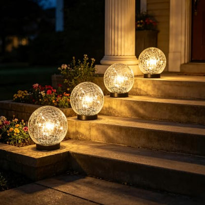 4 Pack 4.72" Warm White Solar Powered Cracked Glass Globe LED Light | Outside Waterproof Decorative Table Ball Lamps, for Garden, Step, Yard, Deck, Pathway, Backyard Decoration Easy to Install - size: 4.72 Inch