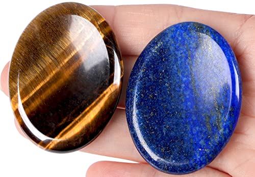 QINJIEJIE 2PCS Worry Stones for Anxiety Tiger's Eye Lapis Lazuli Crystals Hand Carved Thumb Stones Pocket Meditation Oval Shaped Crystal Natural Reiki Relax Palm Stone Gift for Men - color: B-lapis Lazuli & Tiger's Eye