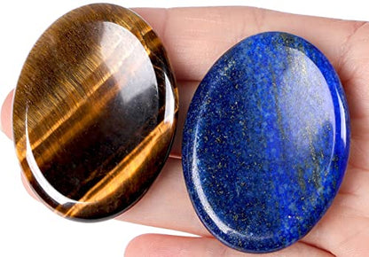 QINJIEJIE 2PCS Worry Stones for Anxiety Tiger's Eye Lapis Lazuli Crystals Hand Carved Thumb Stones Pocket Meditation Oval Shaped Crystal Natural Reiki Relax Palm Stone Gift for Men - color: B-lapis Lazuli & Tiger's Eye