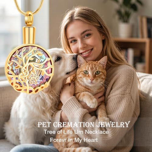 zeqingjw Pet Cremation Jewelry Tree of Life Urn Necklace for Ashes for Dog/Cat Funeral Ashes Keepsake Paw Print Urn Pendant Memorial Jewellery - color: Gold-Purple