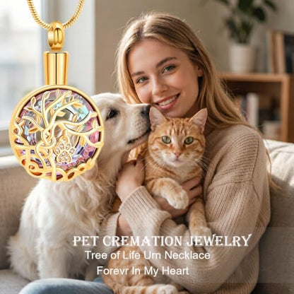 zeqingjw Pet Cremation Jewelry Tree of Life Urn Necklace for Ashes for Dog/Cat Funeral Ashes Keepsake Paw Print Urn Pendant Memorial Jewellery - color: Gold-Purple