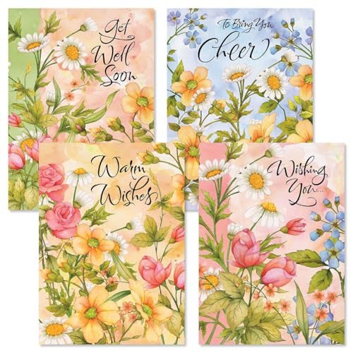 Current Watercolor Garden Get Well Cards - Set of 8 (4 Designs), Large 5" x 7", Get Well Soon Cards for Women with Sentiments Inside, White Envelopes - color: Watercolor Garden
