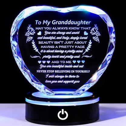 YWHL Granddaughter Gifts from Grandma Graduation Birthday Gifts for Granddaughter Heart Crystal to My Granddaughter Keepsakes Gift with Colorful Base on Wedding Back to School Valentine Christmas - color: Granddaughter Gifts+led