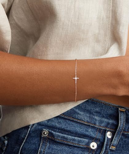 Moodear Cross Bracelet for Women, Dainty Sterling Silver/Gold Plated Gift | Christian Religious Gifts for Teen, Stocking Stuffers, Adjustable Link Bracelets, Sparkling CZ Cross, Non Tarnish Jewelry - color: CZ Rose Gold Cross Bracelet
