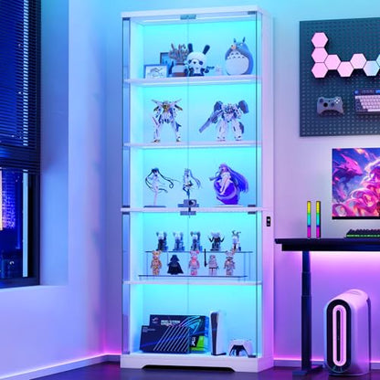 Dystler Glass Display Cabinet with Doors and RGB LED Lights | 69" Tall Curio Cabinet, 5-Tier Wooden Shelves, Lockable Display Case, Motion Sensor, for Collectibles, Living Room, White - color: White