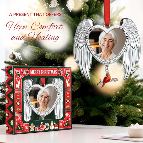 Memorial Christmas Photo Ornaments 2025 Angel Wings Sympathy Gifts for Loss of Loved One - Personalized Cardinal Picture Frame Ornament for Christmas in Heaven Tree Decor