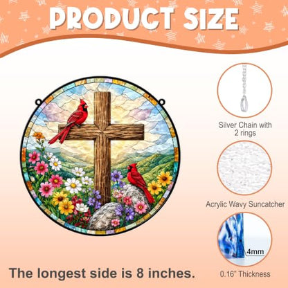 Cardinals with Jesus Cross Memorial Suncatcher, 8" Christian Stained Glass Wavy Acrylic Window Hanging, Sympathy Gift for Loss of Loved One, Mom, Dad, Grandma, Family Member, Religious Gifts for Women - color: Cardinal With Jesus Cross