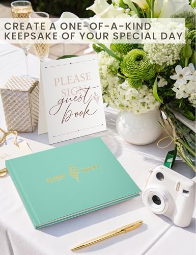 Wedding Guest Book, Polaroid Photo Guestbook for Baby Shower, 9x7.5" | Table Sign Included, Gold Stamping, Twill-Textured Hardcover, Perfect For Bridal Party & Baby Shower, Blue - color: Flower-teal