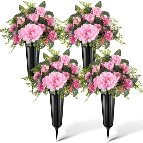 4 Set 8 Pcs Artificial Cemetery Peony Flowers with Vase for Grave Artificial Peony Bouquet Memorial Day Father's Day Funeral Gravesite Flowers for Outdoor Cemetery Headstones Lawn Yard, Pink - color: Pink, style: Peony
