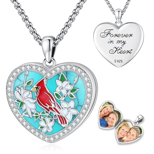 Picture Locket Necklace for Women Men Rose 14K Real Gold 925 Sterling Silver Jewelry Heart Locket Necklace that Holds Pictures Tree of Life Viking Wolf Celtic Knot St Christopher St Michael Pendant - color: H-Heart Locket-cardinal-4
