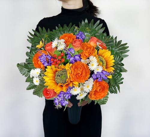 Artificial Cemetery Flowers for Grave Vase - Gravesite Flowers,Fade-Proof Headstone Decorations with Sunflower Rose Lavender Mix Bouquet