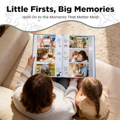Baby Photo Album 4x6 300 Pockets with Memo Area, Photo Stickers & Hand and Footprint Kit, Linen Cover Baby Memory Book with Front Window, First Year Keepsake for Newborn Boy Girl - color: Gray