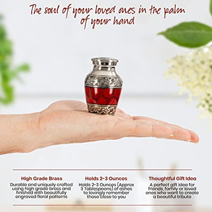 Small Keepsake Cremation Urns for Human Ashes with Velvet Heart Case and Funnel - Crimson : Deep Red Brass Hand Engraved Mini Memorial Urn - color: Red/Crimson Small Keepsake Urn
