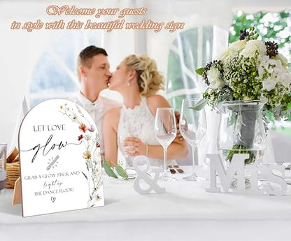 Wildflower Let Love Glow Sign, Wedding Ceremony Signs, 6 x 8 Inch Arch Wooden Tabletop Sign with Stand, Wedding Reception Decoration Supplies (AG09) - color: Let Love Glow