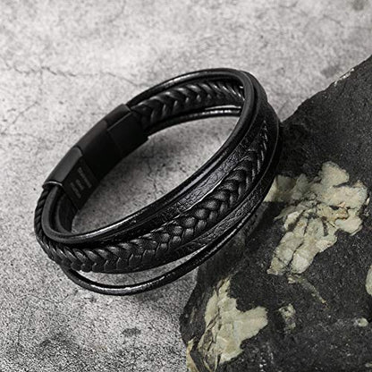 Mens Leather Bracelet with Clasp Cowhide Multi-Layer Braided Leather Mens Bracelet - style: black leather&black clasp&9.2