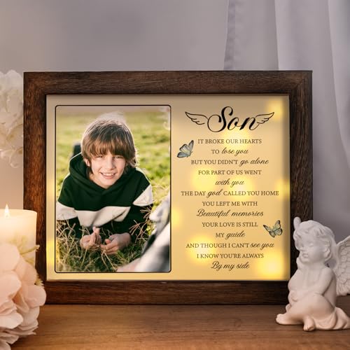 Memorial Gifts for Loss of Son,Sympathy LED Shadow Boxes 4x6 Photo, Bereavement Keepsake for Loss of Son,Healing Grief Gift,Remembrance for Funerals, Memorial Ceremonies - color: Brown, size: Brown-Loss of Son