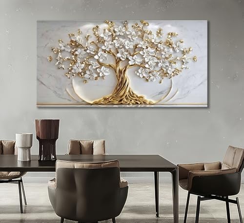 QGJQCFY Tree of Life Canvas Wall Art, Gold White Flowers, 48x24in | Natural Landscape Poster Print, Living Room Bedroom Office Decoration, Prepare to hang - size: 48"L x 24"W