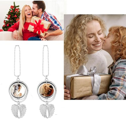 8 Set Silver Angel Wing Sublimation Blank Car Hanging Ornament Charms Heat Transfer Blank Photo Frame Pendants Customize Keychain for Automobile Rearview Mirror Home Window (Rotating-Small) - size: Small
