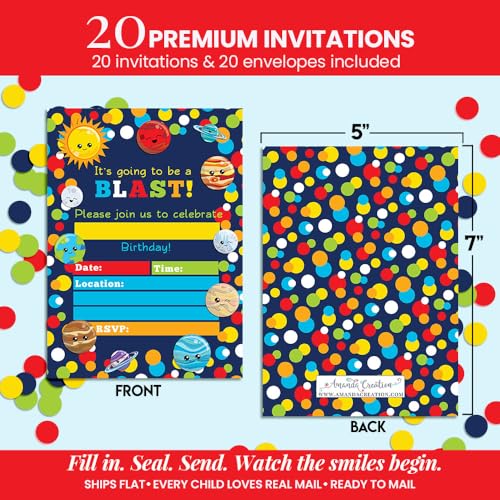 Space Invites Happy Planets– Outer Space Birthday Invitations for Kids, 20 5x7 Fill In Cards with Twenty White Envelopes for Your Outer Space Birthday by AmandaCreation - style: Planets