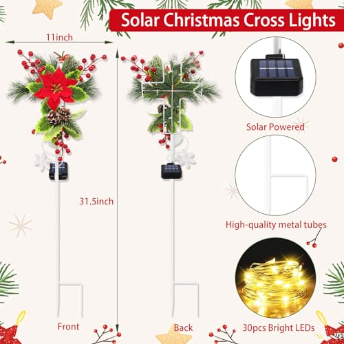 2 Pack Solar Christmas Decorations Outdoor, 32 Inch Solar Christmas Cross Stake Lights, Waterproof Grave Decorations with Poinsettia Flower Pinecones Red Berries for Garden Yard Patio Lawn Cemetery - style: 2 Pack Poinsettia Cross