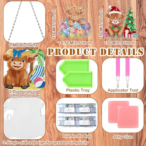 Cinnvoice Seasonal Diamond Art Hanging Kit,12 Pcs,Cow | 12 Pcs,Highland Cow,Holiday Diamond Art Wreath, Month Diamond Hanging Sign, Festival Crystal Suncatcher, for Door Window Wall - style: Cow