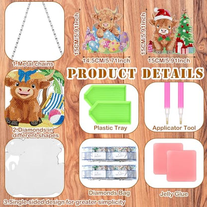 Cinnvoice Seasonal Diamond Art Hanging Kit,12 Pcs,Cow | 12 Pcs,Highland Cow,Holiday Diamond Art Wreath, Month Diamond Hanging Sign, Festival Crystal Suncatcher, for Door Window Wall - style: Cow
